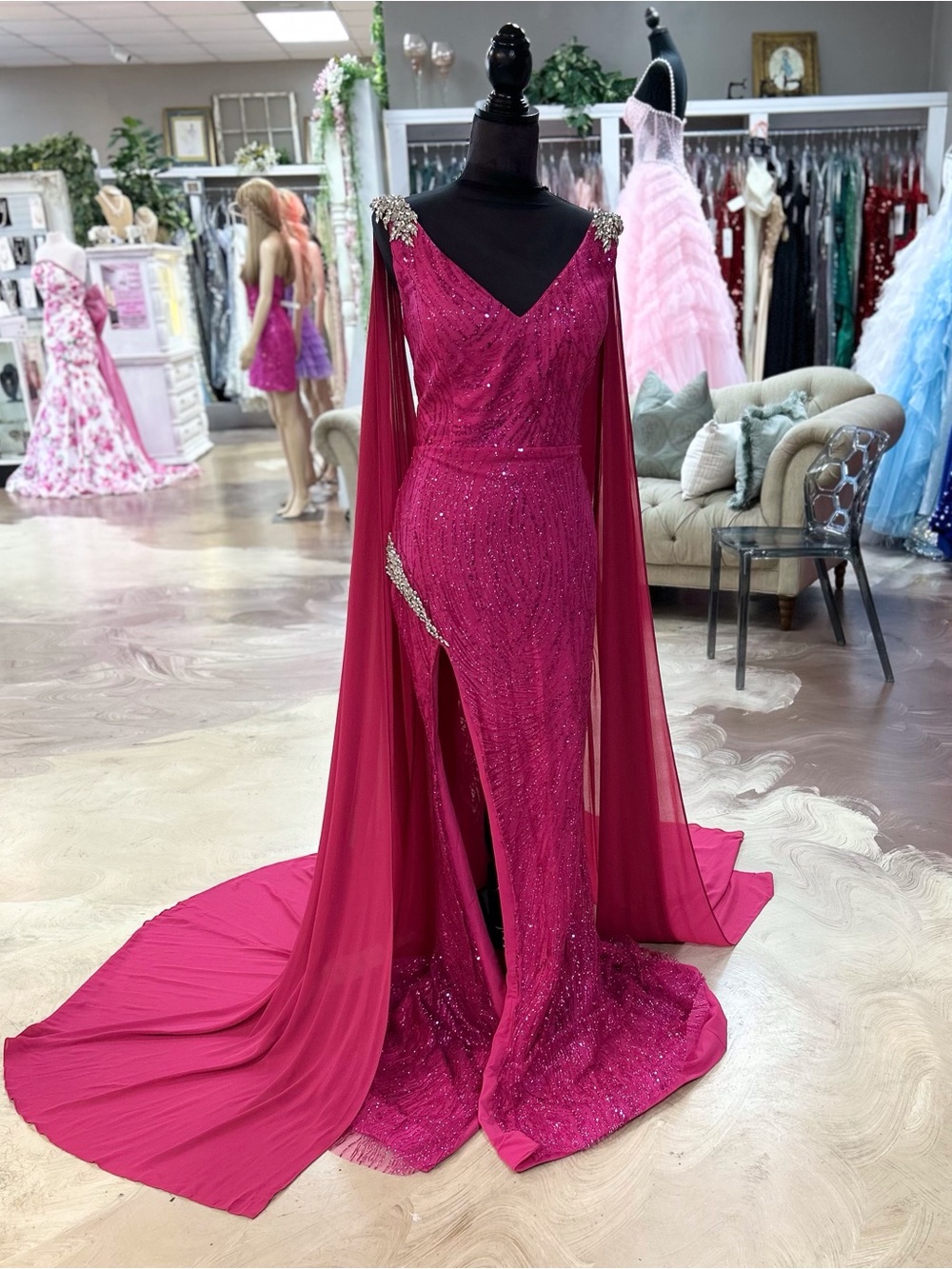 Portia and Scarlett Fuchsia Sequin V-Neck Evening Gown with Cape Sleeves